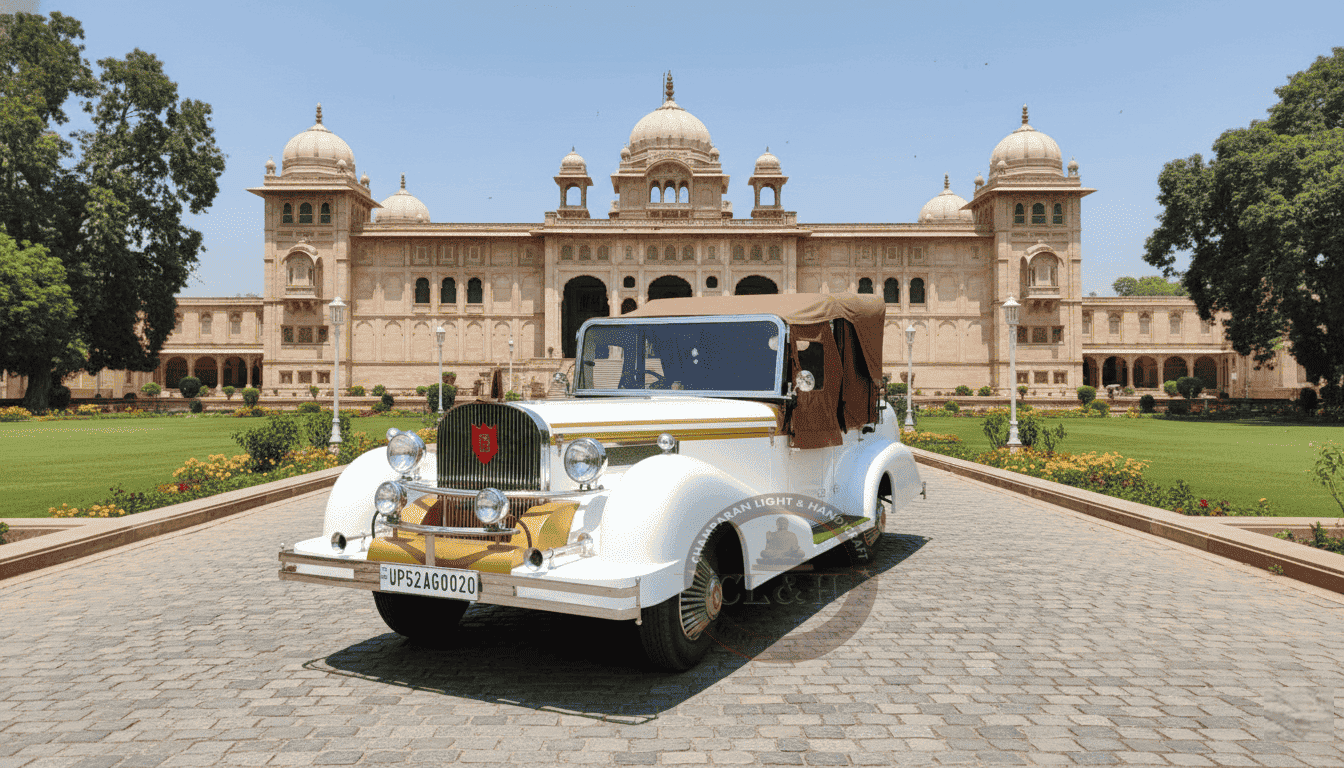 White vintage car arranged for a royal wedding entrance.